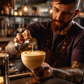 Barista making cappuccino with milk art in a busy café. - Image 2