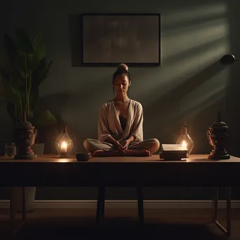 Woman meditating in a minimalist office with candles - Image 1