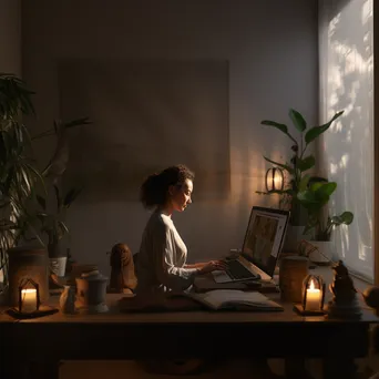 Woman meditating in a minimalist office with candles - Image 2