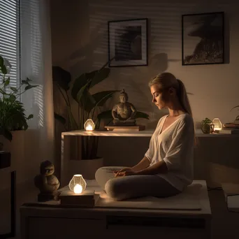 Woman meditating in a minimalist office with candles - Image 4