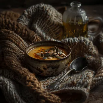 A bowl of pumpkin soup garnished with seeds and oil on a textured knitted fabric. - Image 2