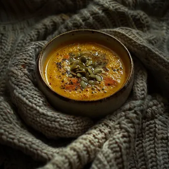 A bowl of pumpkin soup garnished with seeds and oil on a textured knitted fabric. - Image 3