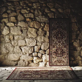 Traditional carpet displayed against a stone wall. - Image 1