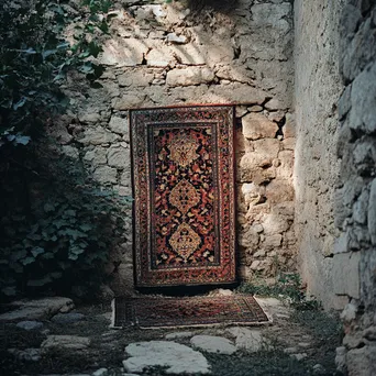 Traditional carpet displayed against a stone wall. - Image 2