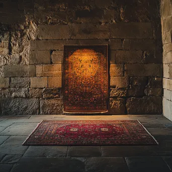 Traditional carpet displayed against a stone wall. - Image 4