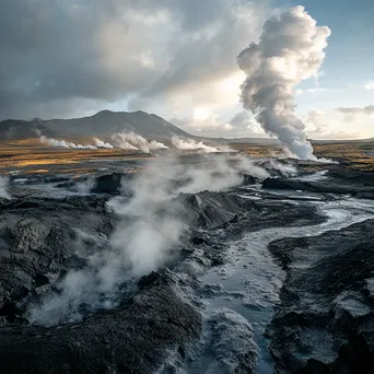 Geothermal vents in a volcanic landscape with dramatic steam. - Image 2