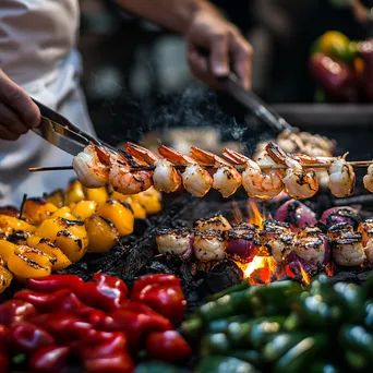 Chef grilling shrimp skewers with vegetables on a barbecue - Image 1