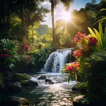 Cascading waterfall on a tropical island surrounded by palm trees - Image 3