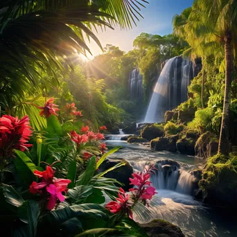 Cascading waterfall on a tropical island surrounded by palm trees - Image 4