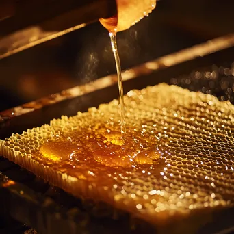 Close-up of honey extraction from traditional beehives, highlighting golden honey comb. - Image 1