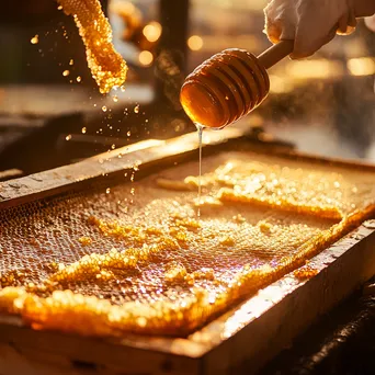 Close-up of honey extraction from traditional beehives, highlighting golden honey comb. - Image 2