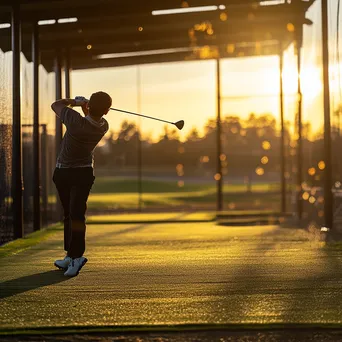 Golfer practicing swing on a driving range at golden hour - Image 1