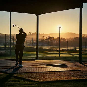 Golfer practicing swing on a driving range at golden hour - Image 2