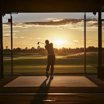 Golfer practicing swing on a driving range at golden hour - Image 3