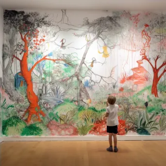 Boy drawing a lush landscape on a wall in a dim, rundown room - Image 4