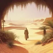 Person walking in desert with oasis in the distance - Image 2