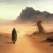 Person walking in desert with oasis in the distance - Image 3