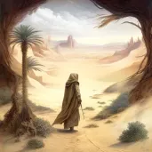 Person walking in desert with oasis in the distance - Image 4