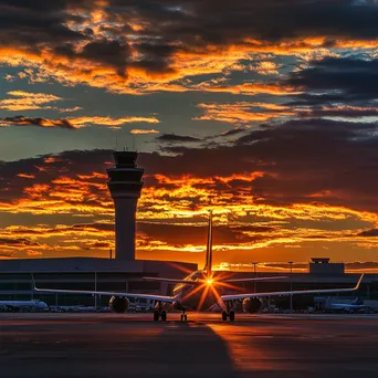 Passenger airplane at sunset with airport terminal behind - Image 1