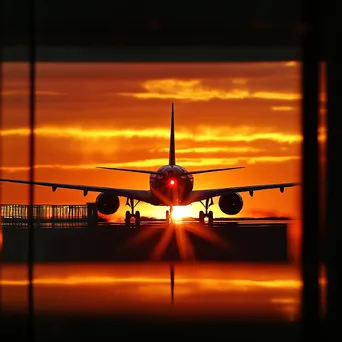 Passenger airplane at sunset with airport terminal behind - Image 2