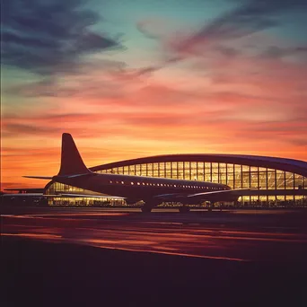 Passenger airplane at sunset with airport terminal behind - Image 4