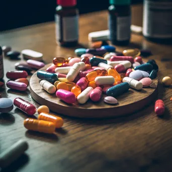 Colorful pills displayed on wooden surface - Image 1