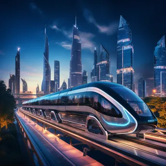 Monorail in a futuristic city skyline at dusk - Image 1