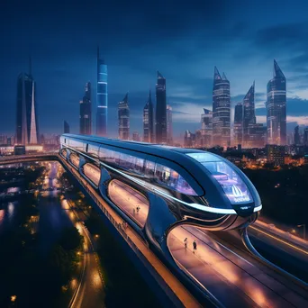 Monorail in a futuristic city skyline at dusk - Image 2