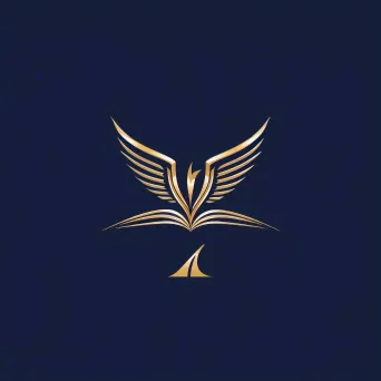 Logo featuring a single line creating a book with pages turning into a bird in flight, in navy and gold. - Image 3