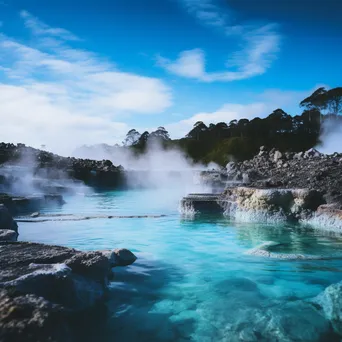 Geothermal pool with turquoise water and rocky landscape in the morning. - Image 2