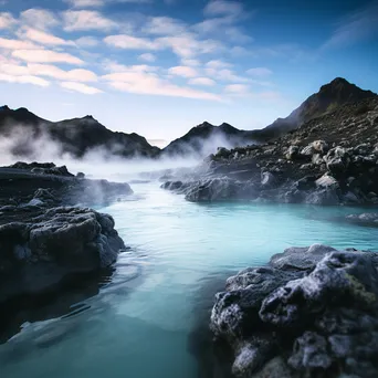 Geothermal pool with turquoise water and rocky landscape in the morning. - Image 3