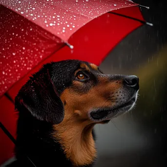 Dog sitting under a red umbrella in the rain - Image 1