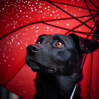 Dog sitting under a red umbrella in the rain - Image 3