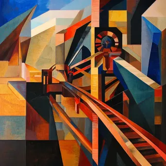 Abstract artwork treating machinery from a copper mine as forms of art, influenced by Kandinsky