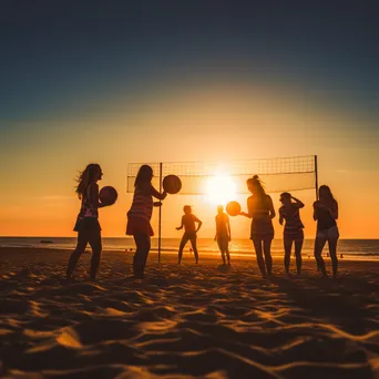 Friends playing beach volleyball at sunset - Image 3