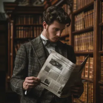 Portrait of a man in tweed suit reading a vintage newspaper in library - Image 1