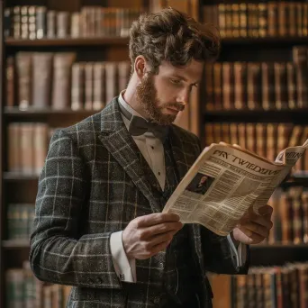 Portrait of a man in tweed suit reading a vintage newspaper in library - Image 4