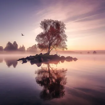 Black and white lakeside scene at dawn with mist rising from the water - Image 1