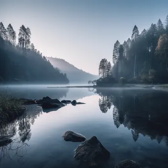 Black and white lakeside scene at dawn with mist rising from the water - Image 3