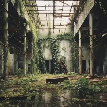 Artistic depiction of an abandoned warehouse entwined with vines and rusted machinery in a nature-reclaimed setting - Image 1