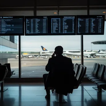 Businessman on phone with airport activity in background. - Image 1