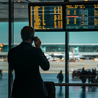 Businessman on phone with airport activity in background. - Image 3