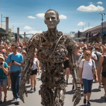 Image of a street art sculpture made from scrap metal, camouflaged among real pedestrians - Image 2