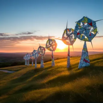 Wind turbines on a green hill with the setting sun in the background - Image 1