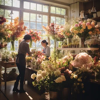 Colorful flower shop interior with customers selecting floral arrangements - Image 2