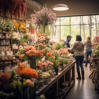 Colorful flower shop interior with customers selecting floral arrangements - Image 3