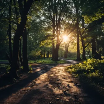 Forest pathway under sunlight and trees - Image 1