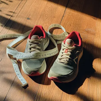 Running shoes placed on measurement tape indoors - Image 1