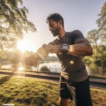 Athlete stretching outdoors while checking fitness app on smartwatch - Image 3