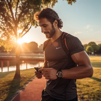 Athlete stretching outdoors while checking fitness app on smartwatch - Image 4